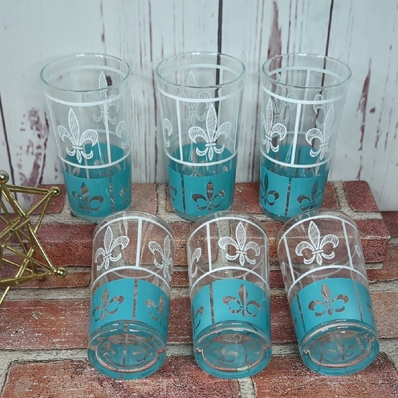 Hazel Atlas Set of 6 Glasses Tumbler White Turquoise 12oz. Highball Fleur-de-Lis - Picture 9 of 16